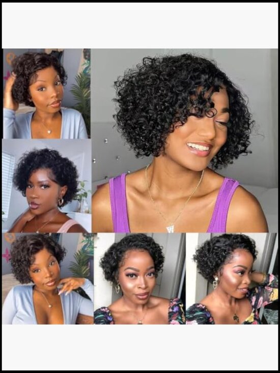 Short Curly Pixie Cut Wig with Bangs Human Hair Glueless Bob Wig Full Machine main image 5